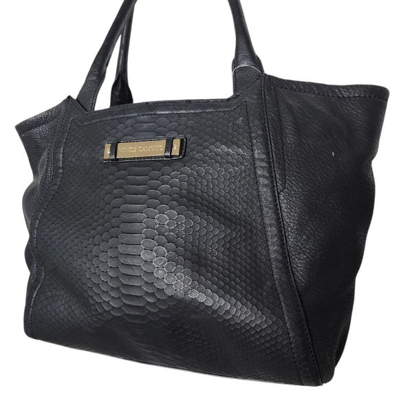 Vince Camuto Black Leather Snake Embossed Tote Purse Bag - Picture 3 of 6